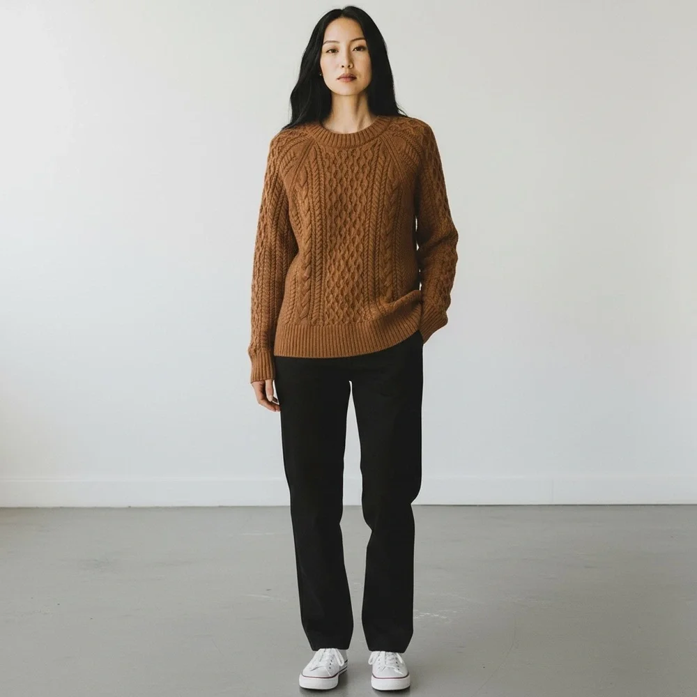 J. Crew Cotton Crewneck Cable-knit Fisherman Sweater Tan Medium Holiday ‘23